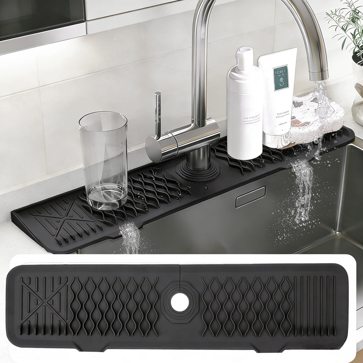 Kitchen Sink Splash Guard Gen2-30" x 6'' Silicone Sink Mat Splash Guard fit for Countertop, Bathroom,Farmhouse,RV by EBIGIC (Black)