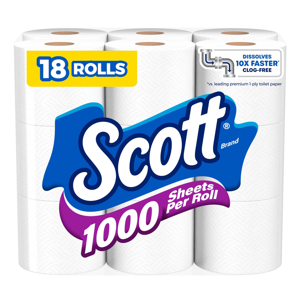 Scott 1000 Toilet Paper, 8 Rolls, Septic-Safe, 1-Ply Toilet Tissue