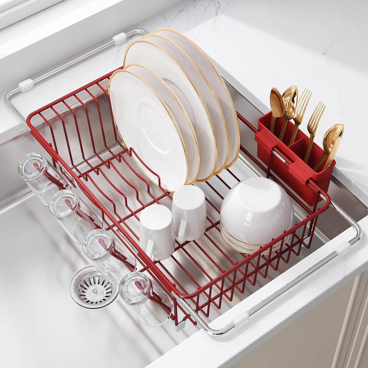 JASIWAY Dish Drying Rack in Sink, Dish Drainer with Cup and Utensil Holder