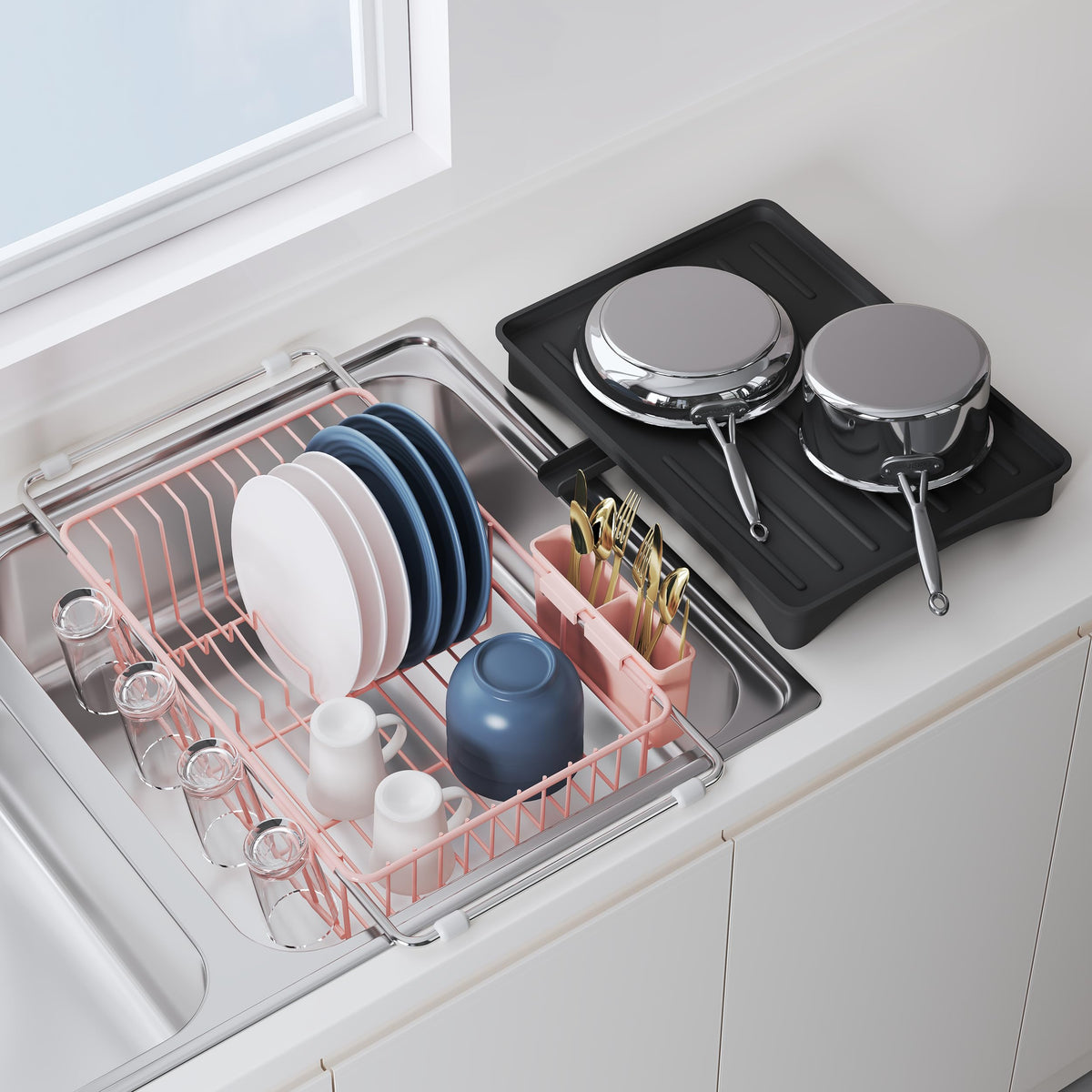 JASIWAY Dish Drying Rack in Sink, Dish Drainer with Cup and Utensil Holder