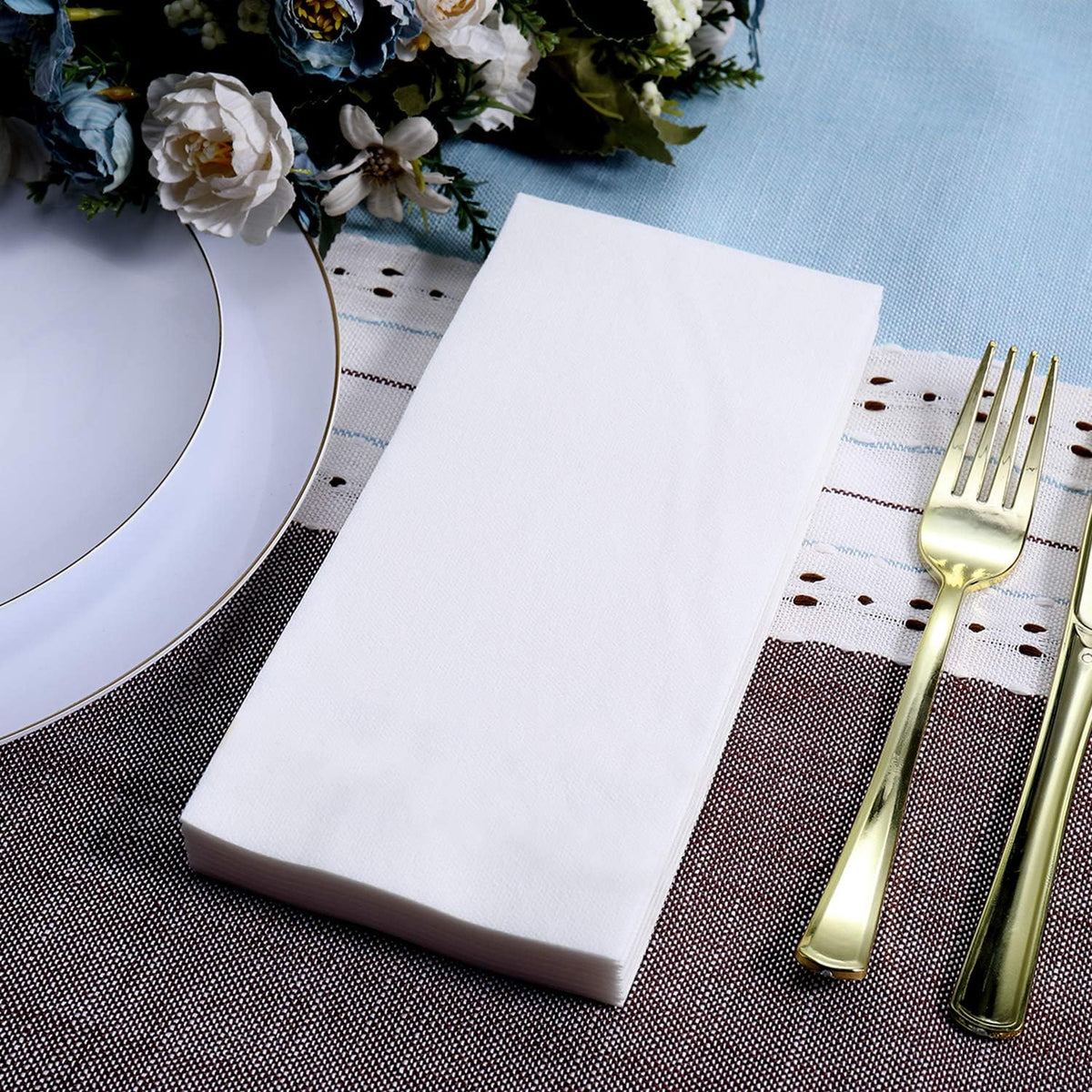FOCUSLINE 480 Disposable Bathroom Napkins, Linen-Feel Paper Guest Towels, Soft and Absorbent Paper Hand Towels Party Napkins for Bathroom, Kitchen, Dinner, or Event, White, 12" x 17"