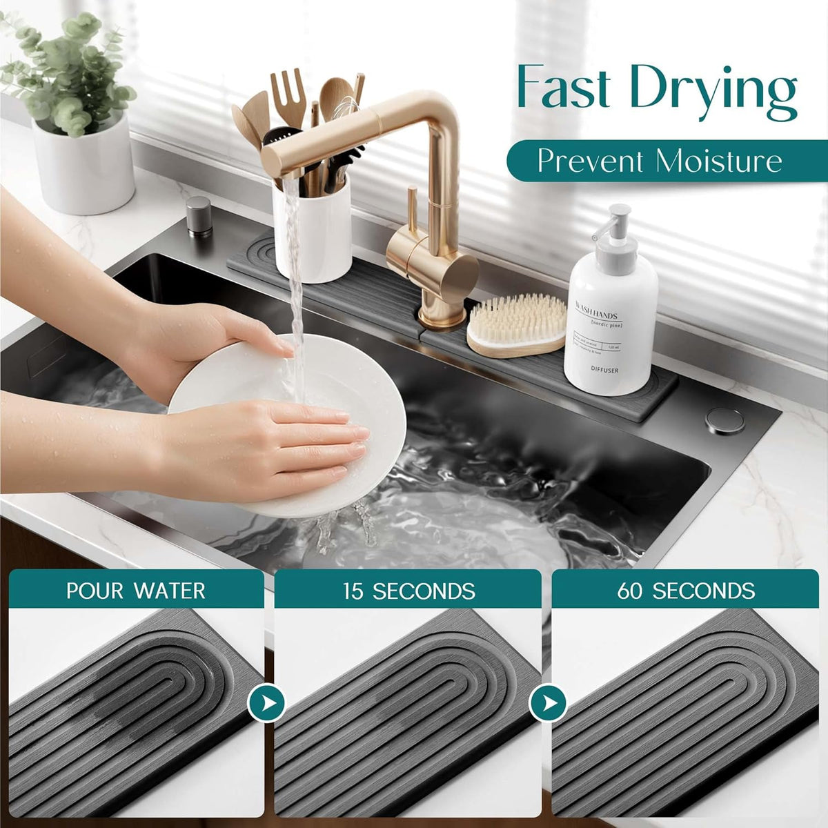 Faucet Splash Guard for Kitchen Sink, Kitchen Sink Faucet Mat with Raised Feet, Durable Drying Matt Kitchen Counter Stone, Water Absorbent Diatomite Drying Mat (Dark Grey, 23.6" x 3.9")