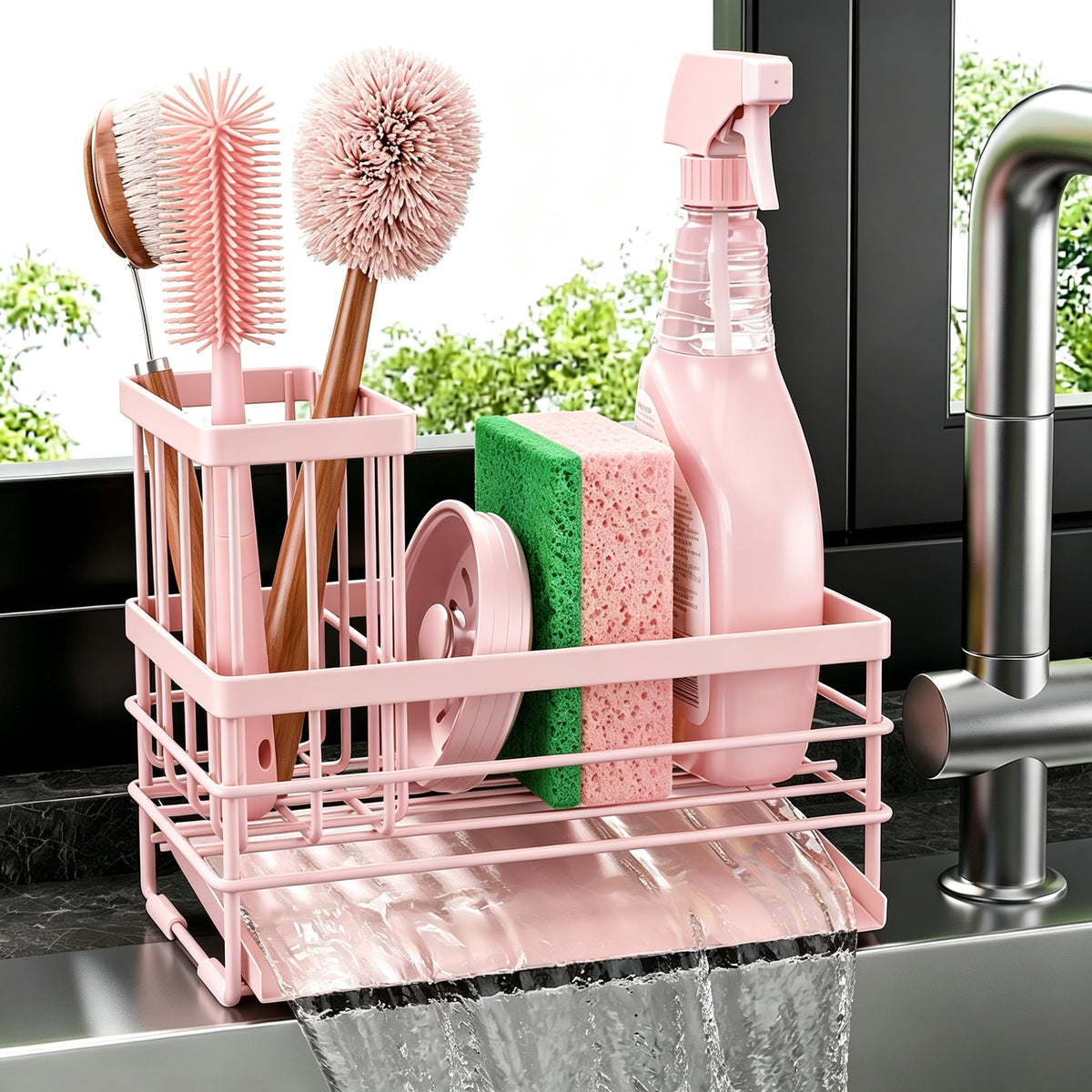 Cisily Sink Caddy Sponge Holder for Kitchen with Brush Holder and Stainless Steel Self Drain Tray, Rustproof Kitchen Sink Organizer for Sponge, Soap Dispenser Storage Accessories