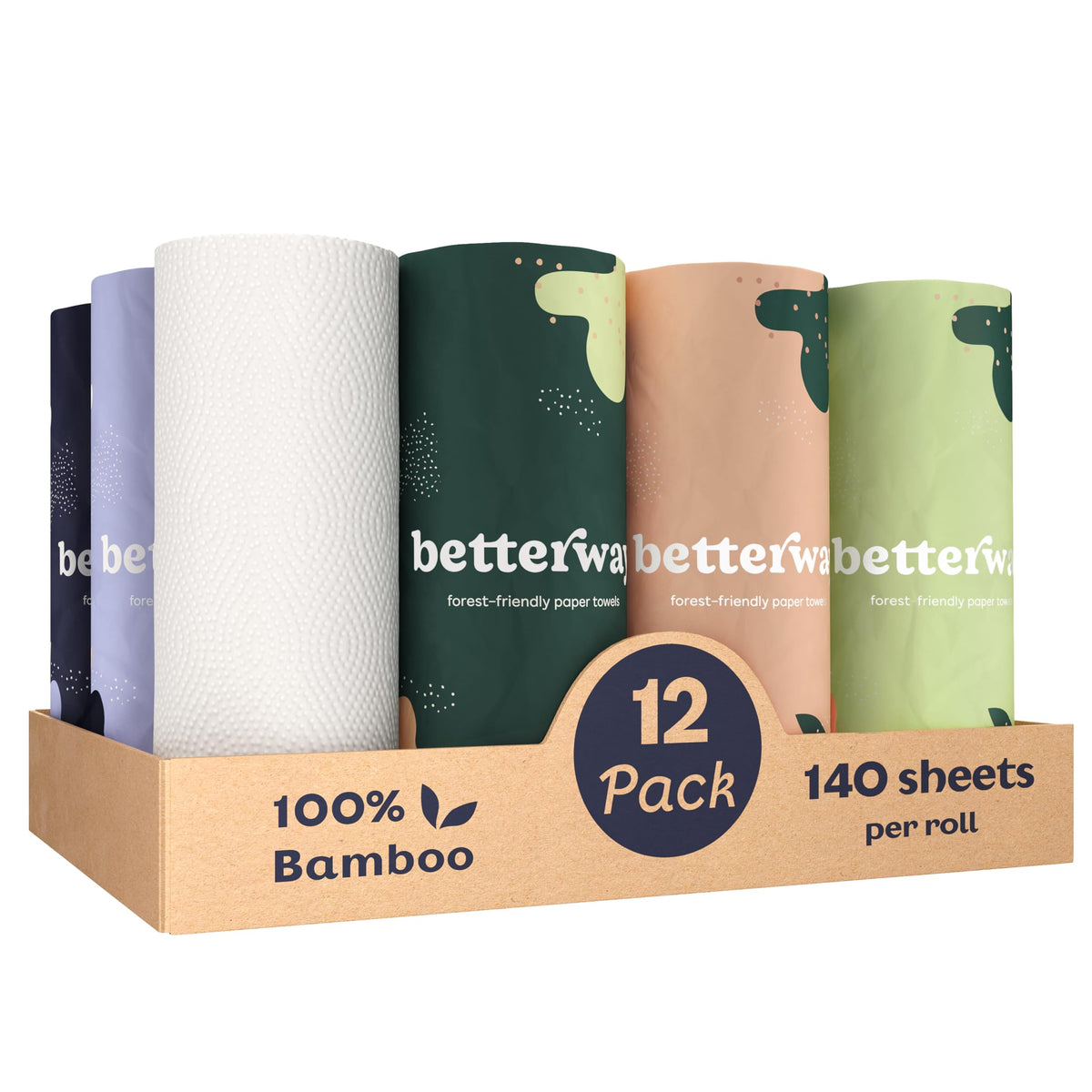 Betterway Bamboo Paper Towels - 6 Rolls, 2 Ply - Plastic Free, Disposable Kitchen Paper Towels - Select Size, Tree Free, Compostable, Strong & Absorbent, No Dyes - PFAS Free