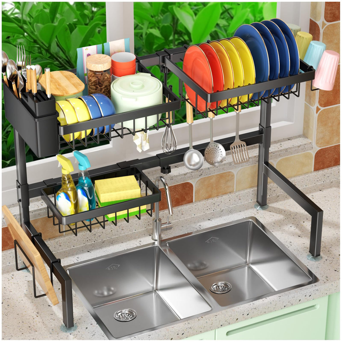 SNSLXH 4 Baskets 2-Tier Over The Sink Dish Drying Rack, 26.57"-35"