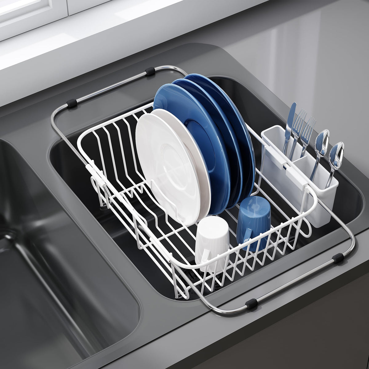 JASIWAY Dish Drying Rack in Sink, Dish Drainer with Cup and Utensil Holder