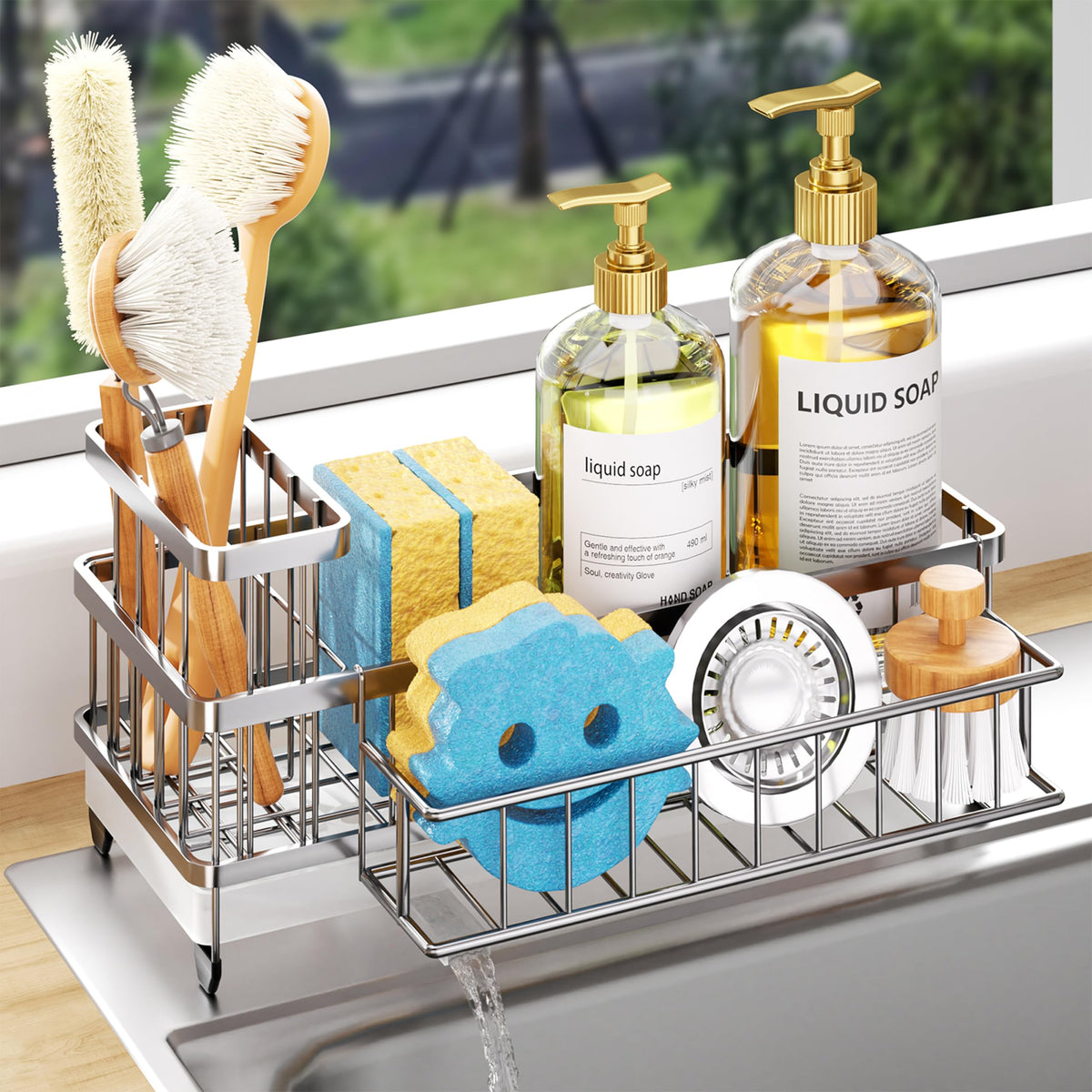 Consumest Sponge Holder for Kitchen Sink - Auto Draining Sink Caddy Organizer with Detachable Rack, High Brush Holder, Kitchen Countertop Storage Accessories, Black