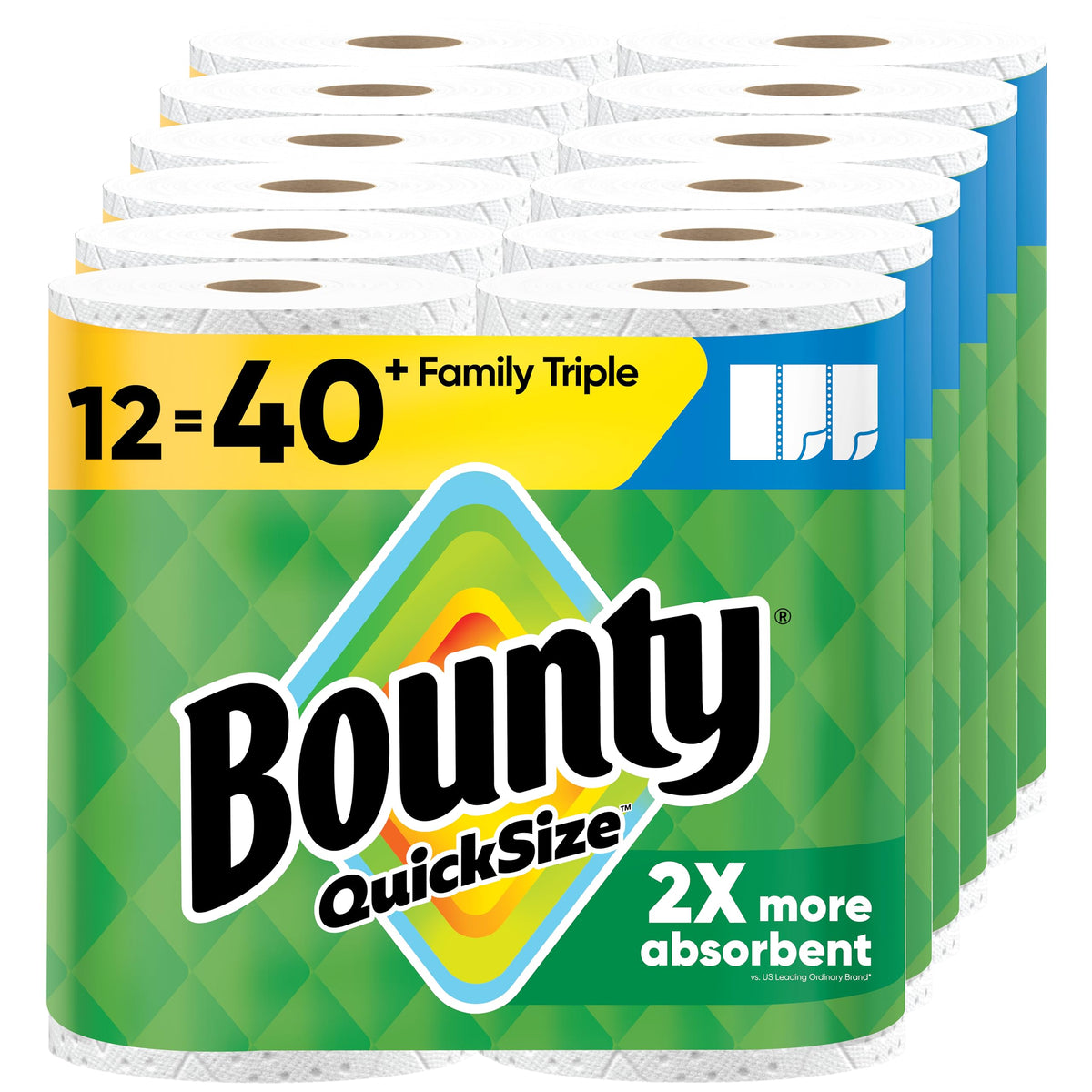 Bounty Quick-Size Paper Towels, White, 8 Family Triple Rolls = 27 Regular Rolls