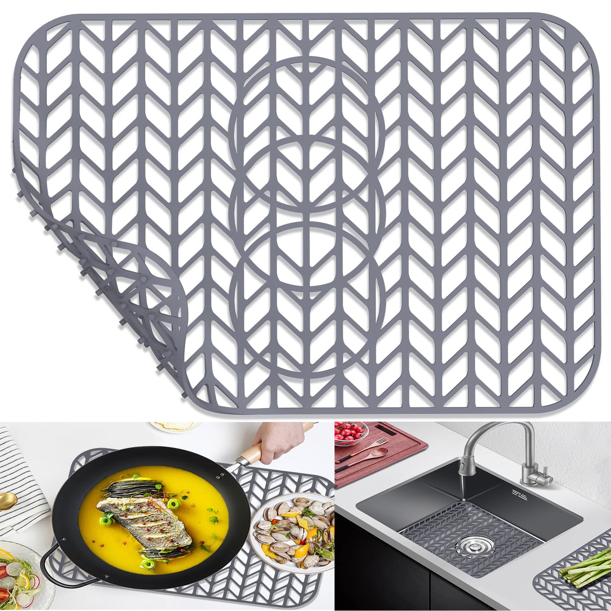 AWOKE Silicone Sink Protectors for Kitchen Sink, 12" x 11" Mat for bottom of sink, Center Drain Hole, Protect from Stains, Scratches, Dishwasher Safe Grid for Kitchen (2 Pack, Gray)