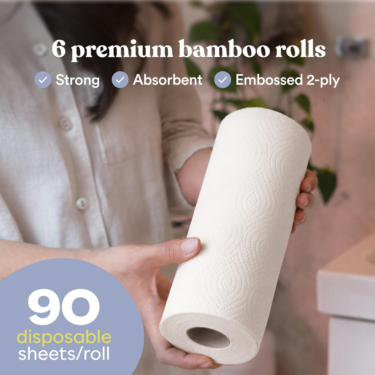 Betterway Bamboo Paper Towels - 6 Rolls, 2 Ply - Plastic Free, Disposable Kitchen Paper Towels - Select Size, Tree Free, Compostable, Strong & Absorbent, No Dyes - PFAS Free