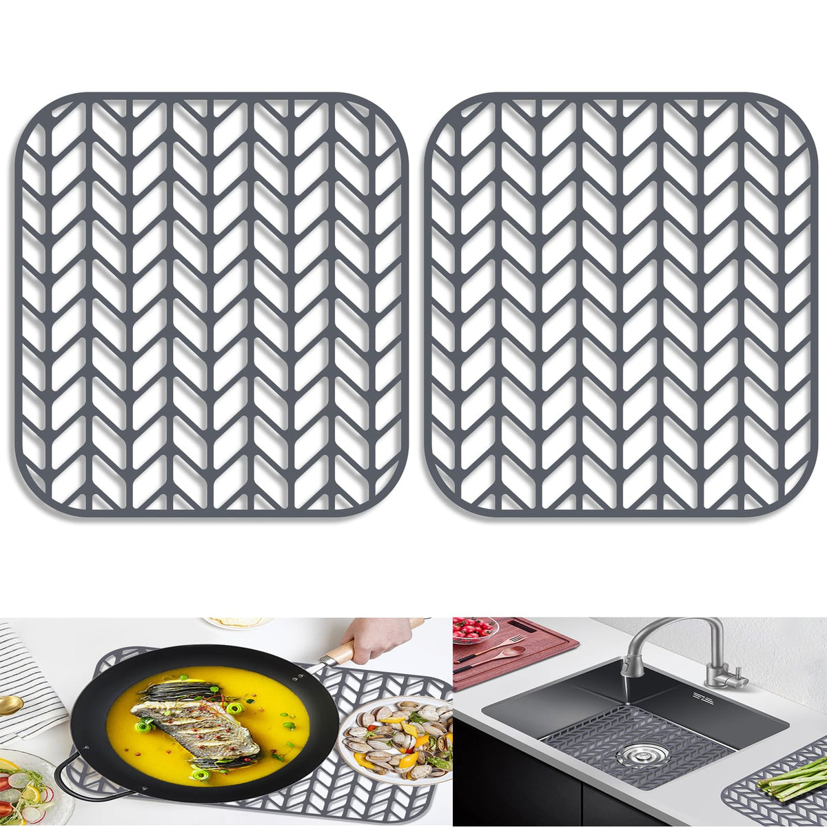 AWOKE Silicone Sink Protectors for Kitchen Sink, 12" x 11" Mat for bottom of sink, Center Drain Hole, Protect from Stains, Scratches, Dishwasher Safe Grid for Kitchen (2 Pack, Gray)