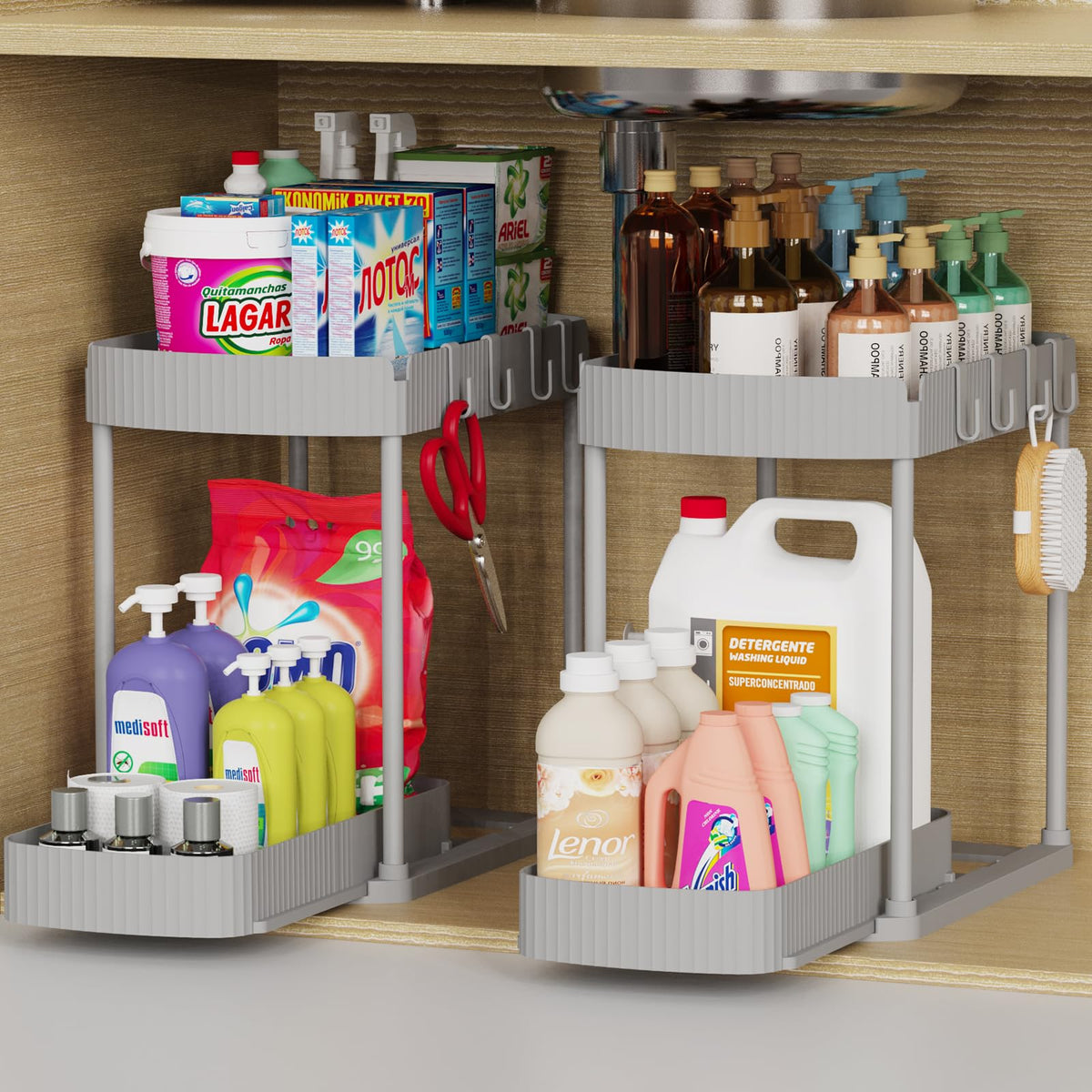 2 Packs Under Sink Pull-Out Storage Organizers, 12.8 Inches, Black
