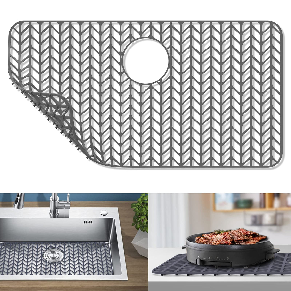 AWOKE Silicone Sink Protectors for Kitchen Sink, 12" x 11" Mat for bottom of sink, Center Drain Hole, Protect from Stains, Scratches, Dishwasher Safe Grid for Kitchen (2 Pack, Gray)
