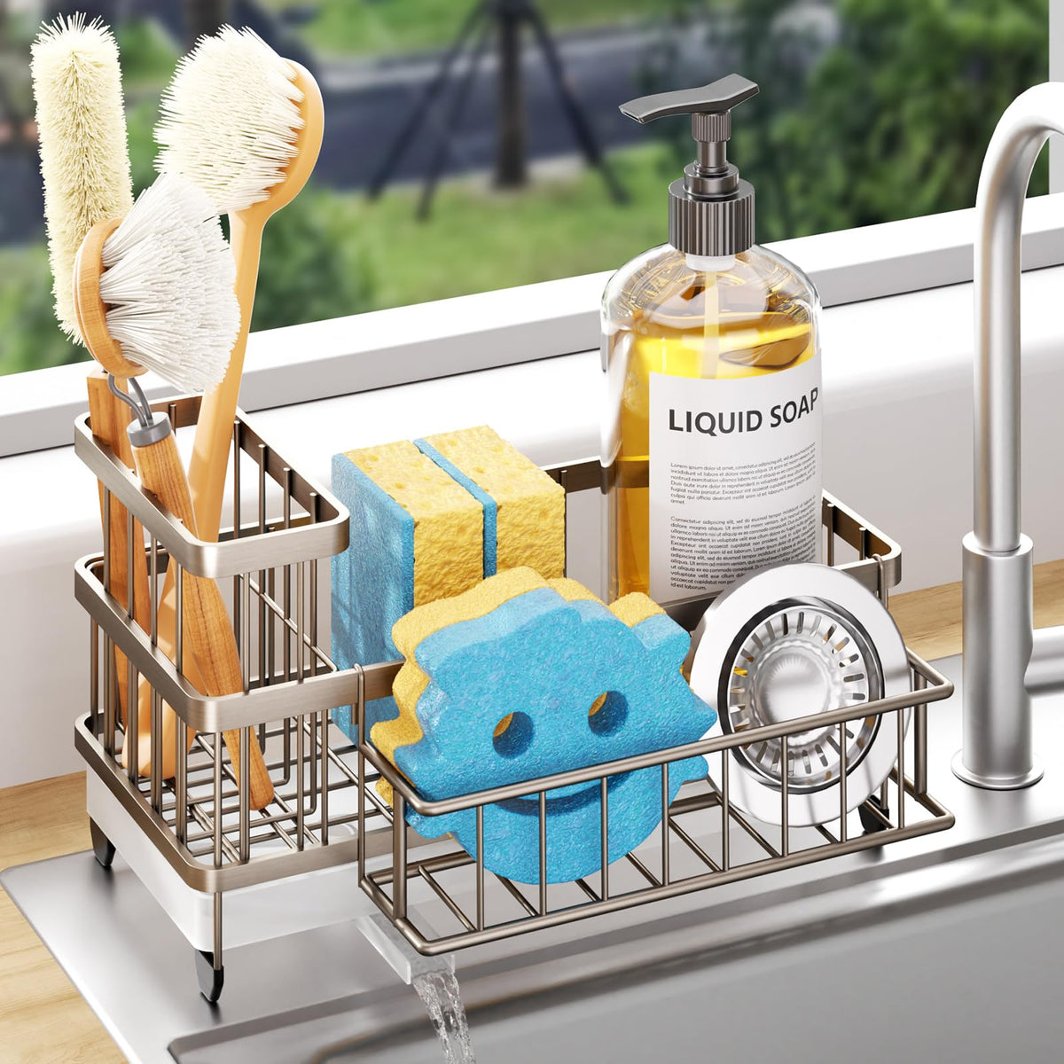 Consumest Sponge Holder for Kitchen Sink - Auto Draining Sink Caddy Organizer with Detachable Rack, High Brush Holder, Kitchen Countertop Storage Accessories, Black