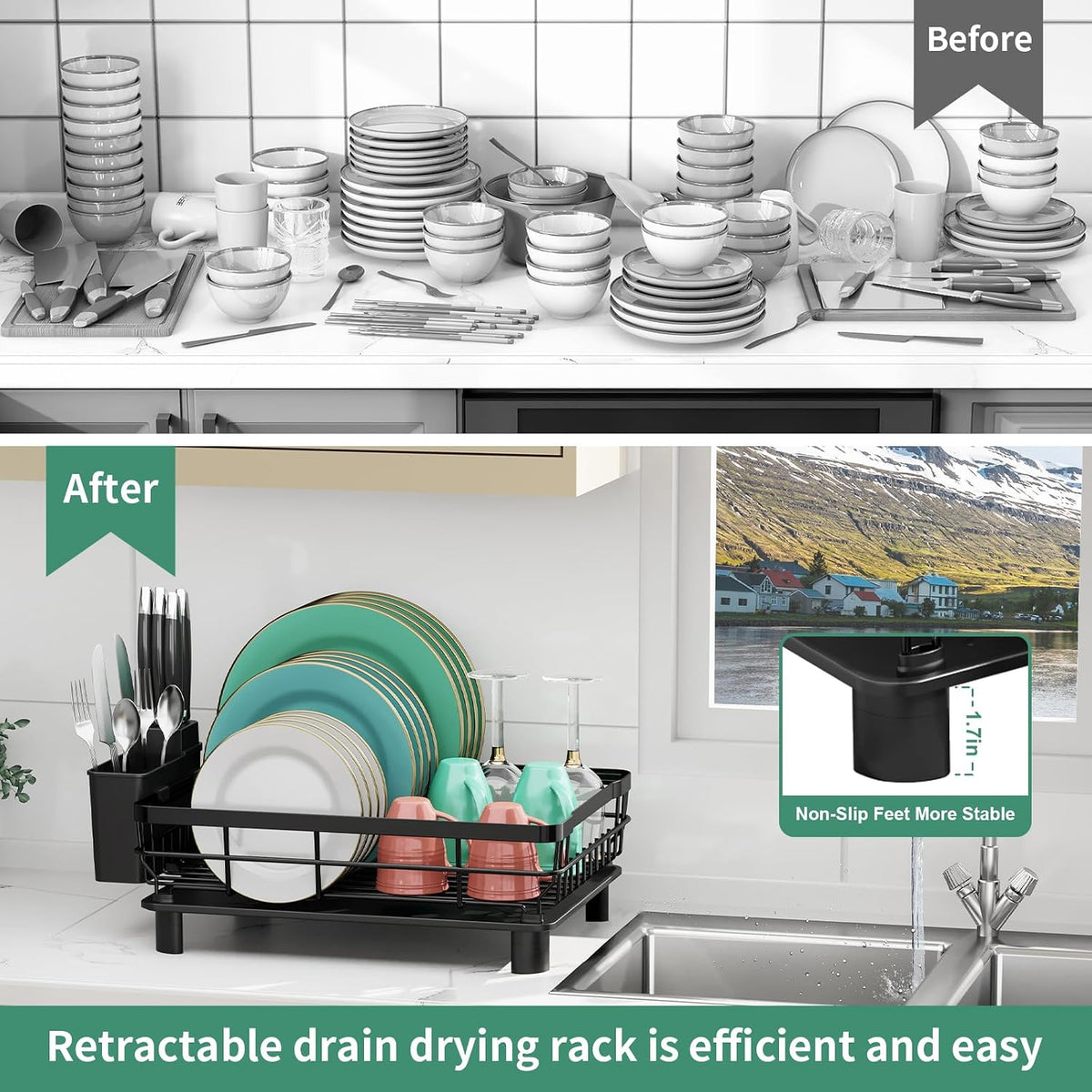 MOUKABAL Dish Drying Rack with Drainboard for Kitchen Counter, Black