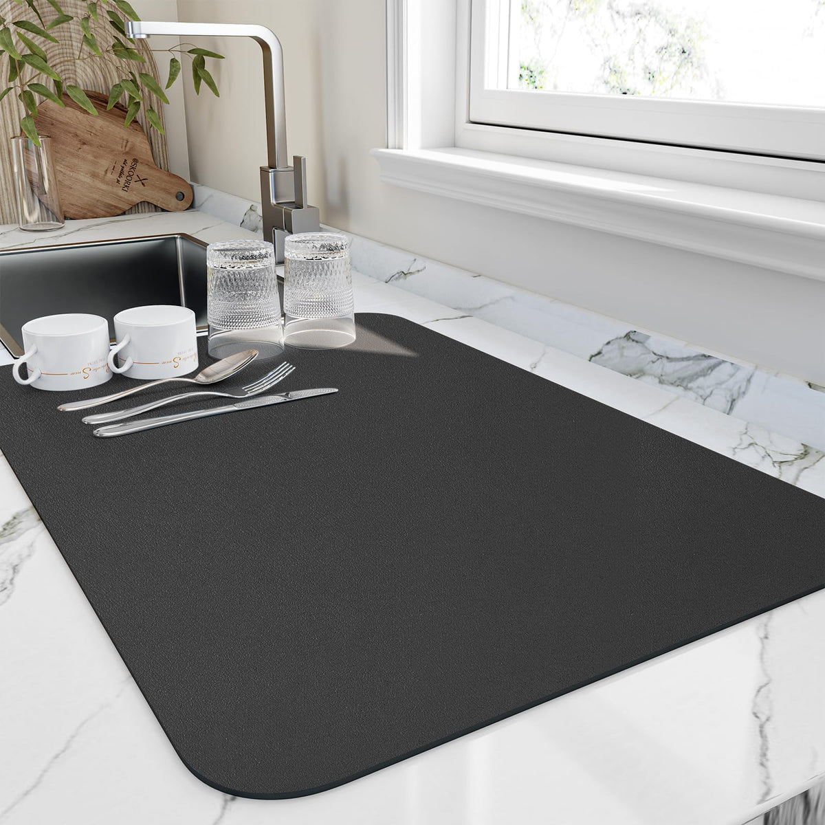 HotLive Dish Drying Mat for Kitchen Counter, Heat Resistant Drainer Mats with Non-slip Rubber Backed, Hide Stain Kitchen Super Absorbent Draining Mat, Easy to Clean Dish Rack Pad, Dark Grey 16"x18"