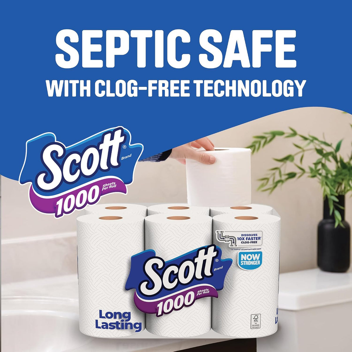 Scott 1000 Toilet Paper, 8 Rolls, Septic-Safe, 1-Ply Toilet Tissue