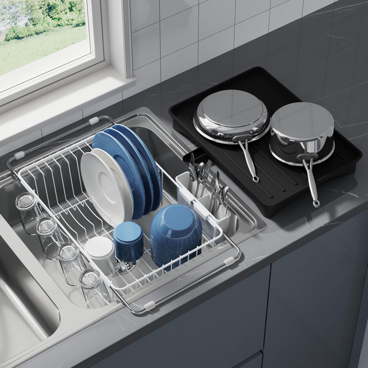JASIWAY Dish Drying Rack in Sink, Dish Drainer with Cup and Utensil Holder