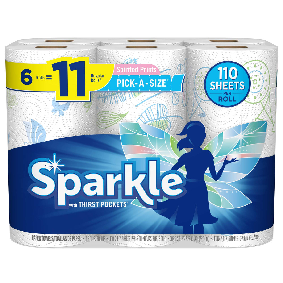 SPARKLE Pick-A-Size Paper Towels, 2-Ply Spirited Prints, 6 Double Rolls