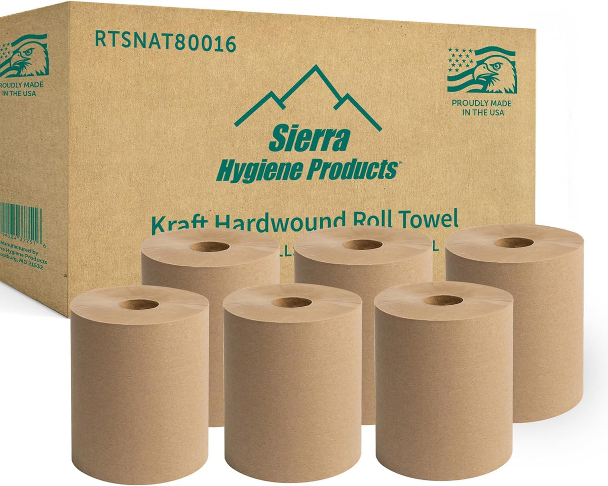 Sierra Hygiene 1-Ply Natural Hardwound Paper Towels, 8" x 800', 6 Rolls