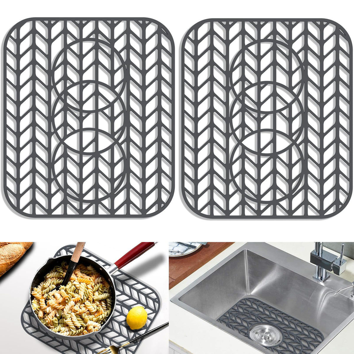 GUUKIN Sink Protectors for Kitchen Sink, 26''x 14'' Silicone Kitchen Sink Mat Grid for Bottom of Farmhouse Stainless Steel Porcelain Sink with Rear Drain (Grey)