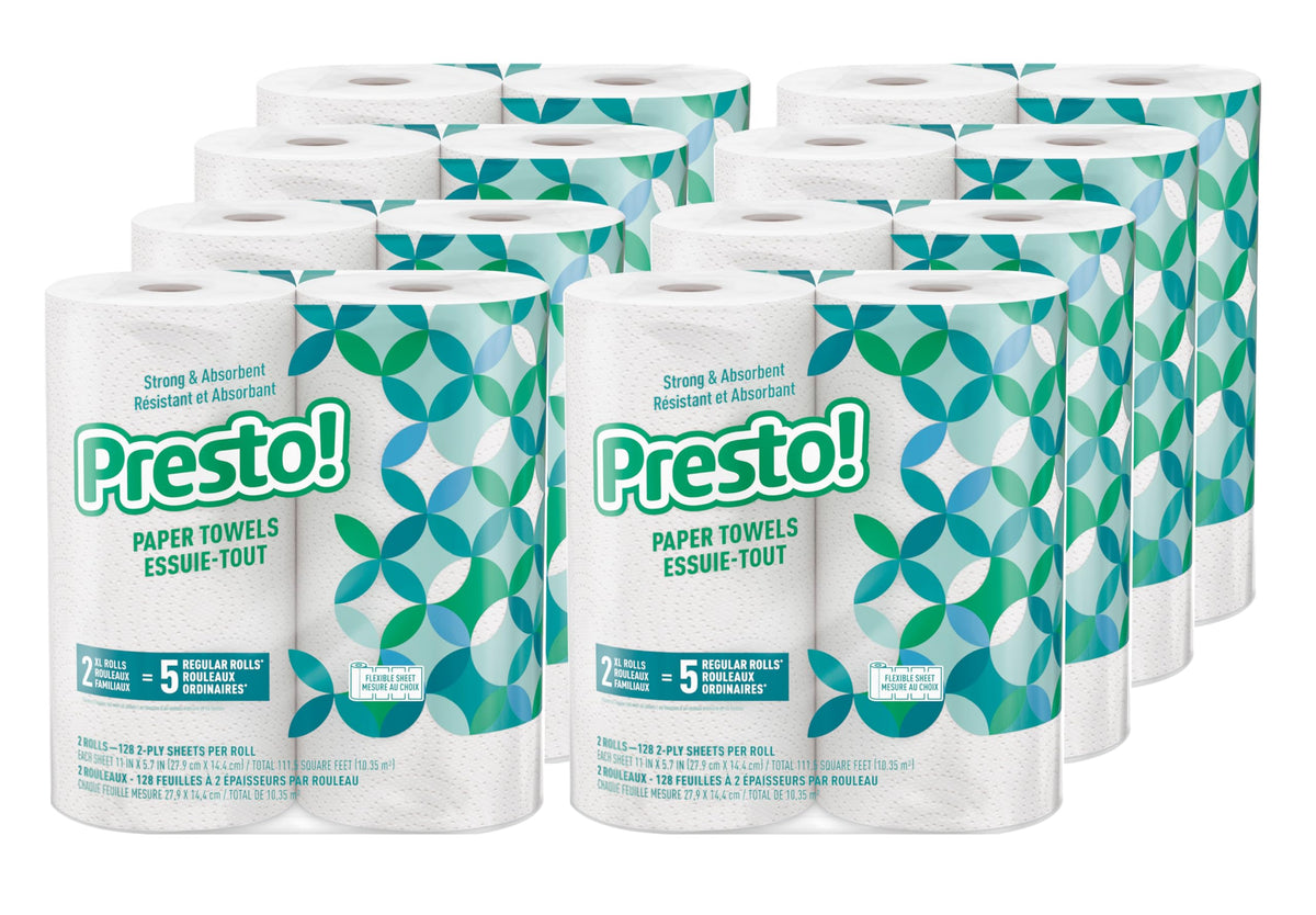 Amazon Brand - Presto! Flex-a-Size Kitchen Paper Towels, 2-Ply, Strong and Absorbent, 128 Sheet Family Roll, 2 Rolls