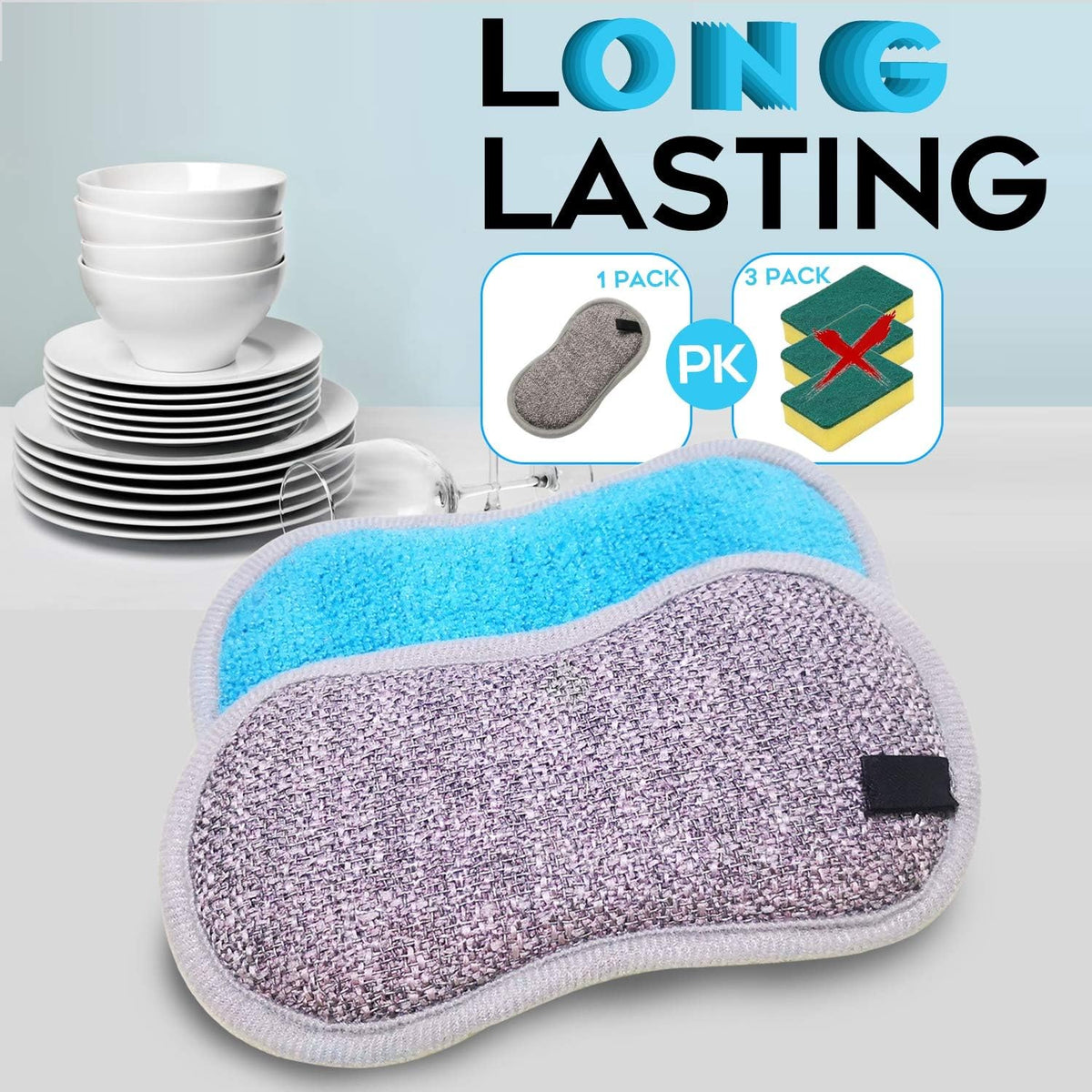 Dual Sided All-Purpose Sponges Kitchen,Dish Sponge for Washing Dishes Cleaning Kitchen,Non Scratch,Rough Scrubbers for Non-Stick Cookware, Soft Microfiber Scrub for Dishes(Bule,6Pack)