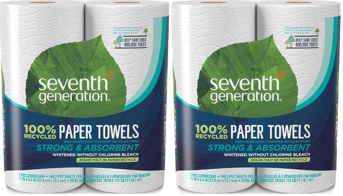 Seventh Generation 100% Recycled Paper Towels, 2 Regular Rolls, 140 2-Ply Sheets (White) Strong & Absorbent Paper towels for Kitchen, Bathroom & Everyday Cleaning, Whitened Without Chlorine Bleach