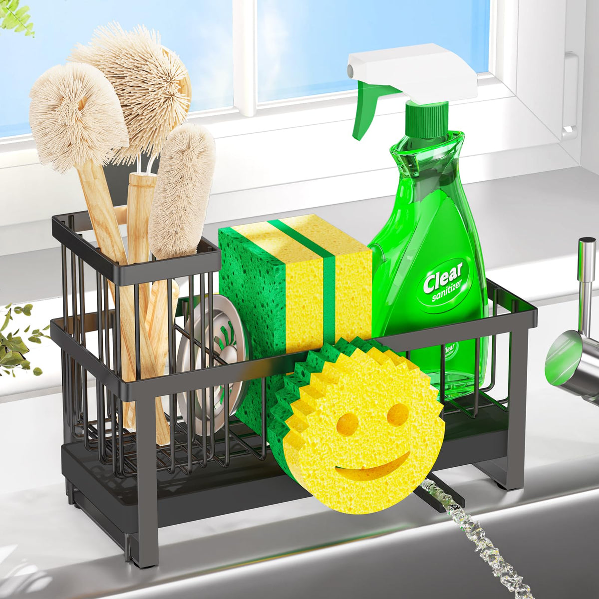 Sponge Holder for Kitchen Sink,Smiley Face Sink Caddy with Removable Brush Holder,Self-Draining Sponge Caddy for Sponge,Soap,Dish Brush,Scrubber,Kitchen Essentials and Gadgets