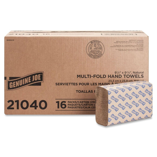 Genuine Joe Multifold Paper Hand Towels, 1-Ply Kraft, 9.25" x 9.4", 100% Recycled, 250 Count Per Pack (16 Pack, 4,000 Total Sheets) - Commercial Washroom & Restroom Supplies