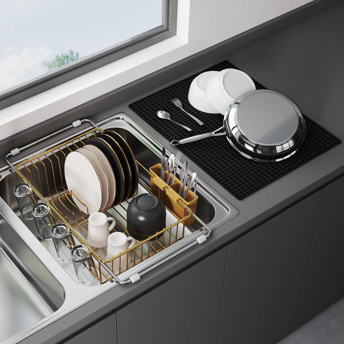 JASIWAY Dish Drying Rack in Sink, Dish Drainer with Cup and Utensil Holder