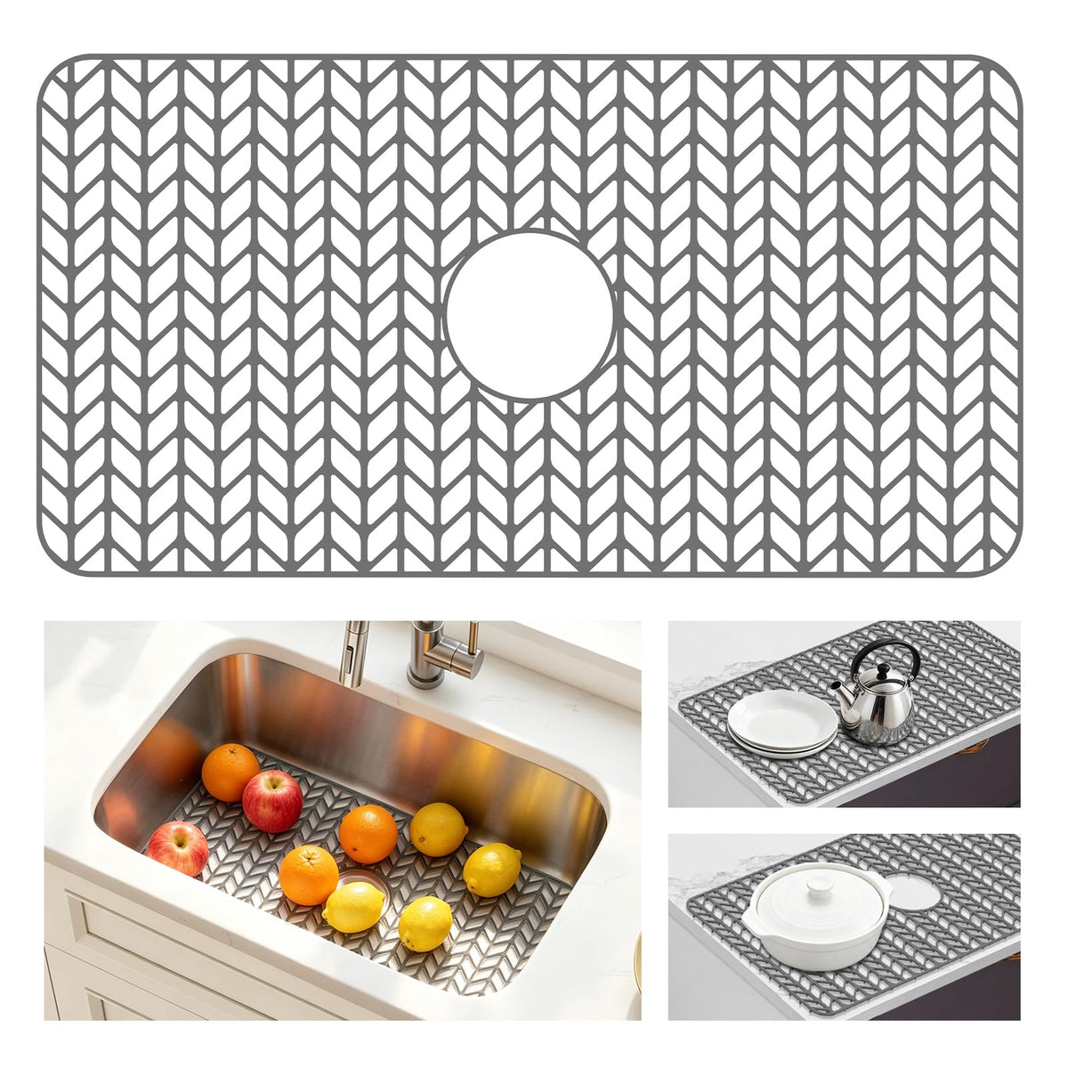 AWOKE Silicone Sink Protectors for Kitchen Sink, 12" x 11" Mat for bottom of sink, Center Drain Hole, Protect from Stains, Scratches, Dishwasher Safe Grid for Kitchen (2 Pack, Gray)