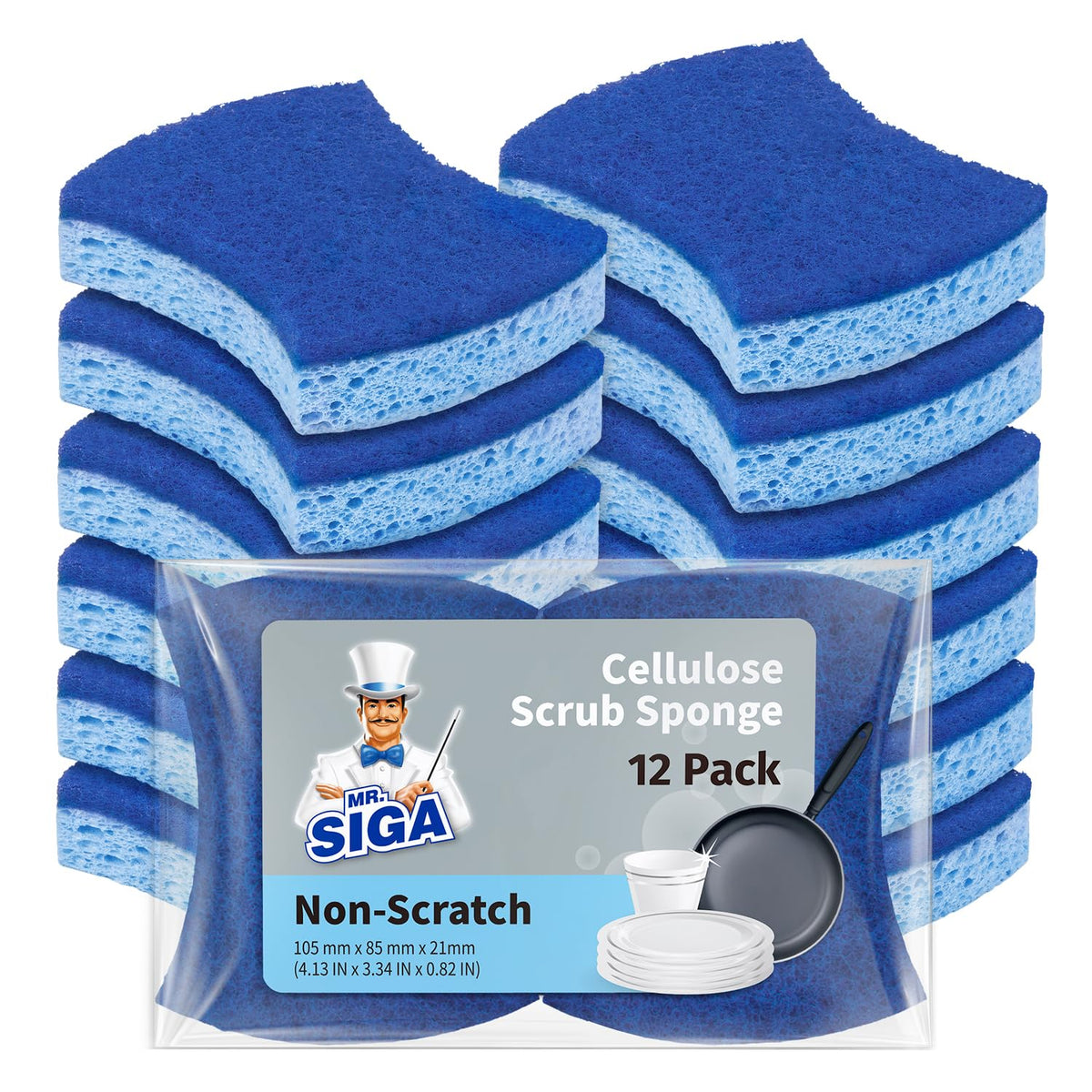 MR.SIGA Non-Scratch Cellulose Scrub Sponge, Dual-Sided Dish Sponge, 12 Pack