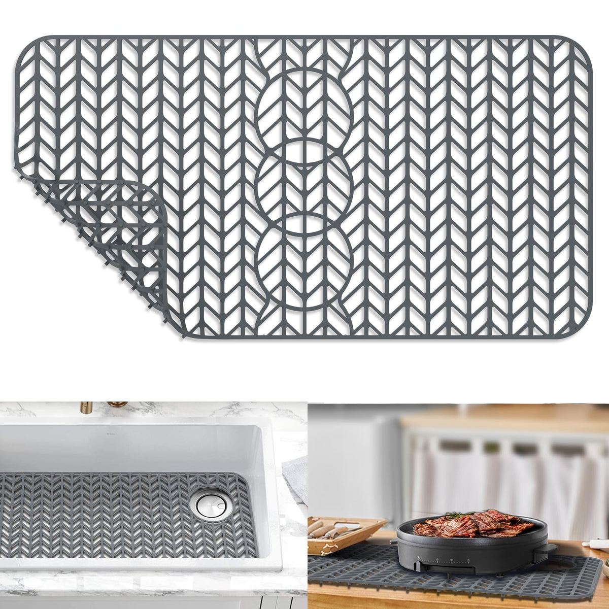 GUUKIN Sink Protectors for Kitchen Sink, 26''x 14'' Silicone Kitchen Sink Mat Grid for Bottom of Farmhouse Stainless Steel Porcelain Sink with Rear Drain (Grey)