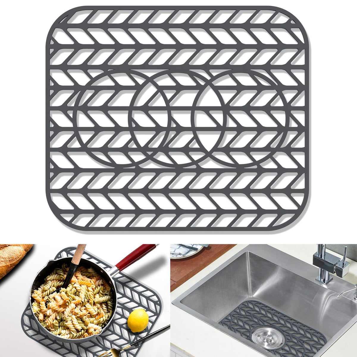 GUUKIN Sink Protectors for Kitchen Sink, 26''x 14'' Silicone Kitchen Sink Mat Grid for Bottom of Farmhouse Stainless Steel Porcelain Sink with Rear Drain (Grey)