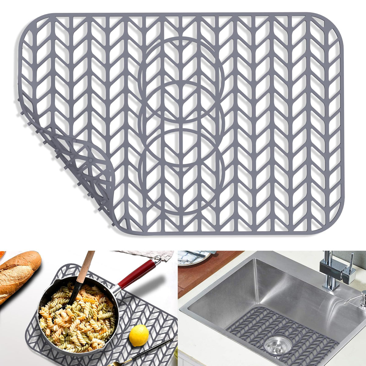 GUUKIN Sink Protectors for Kitchen Sink, 26''x 14'' Silicone Kitchen Sink Mat Grid for Bottom of Farmhouse Stainless Steel Porcelain Sink with Rear Drain (Grey)
