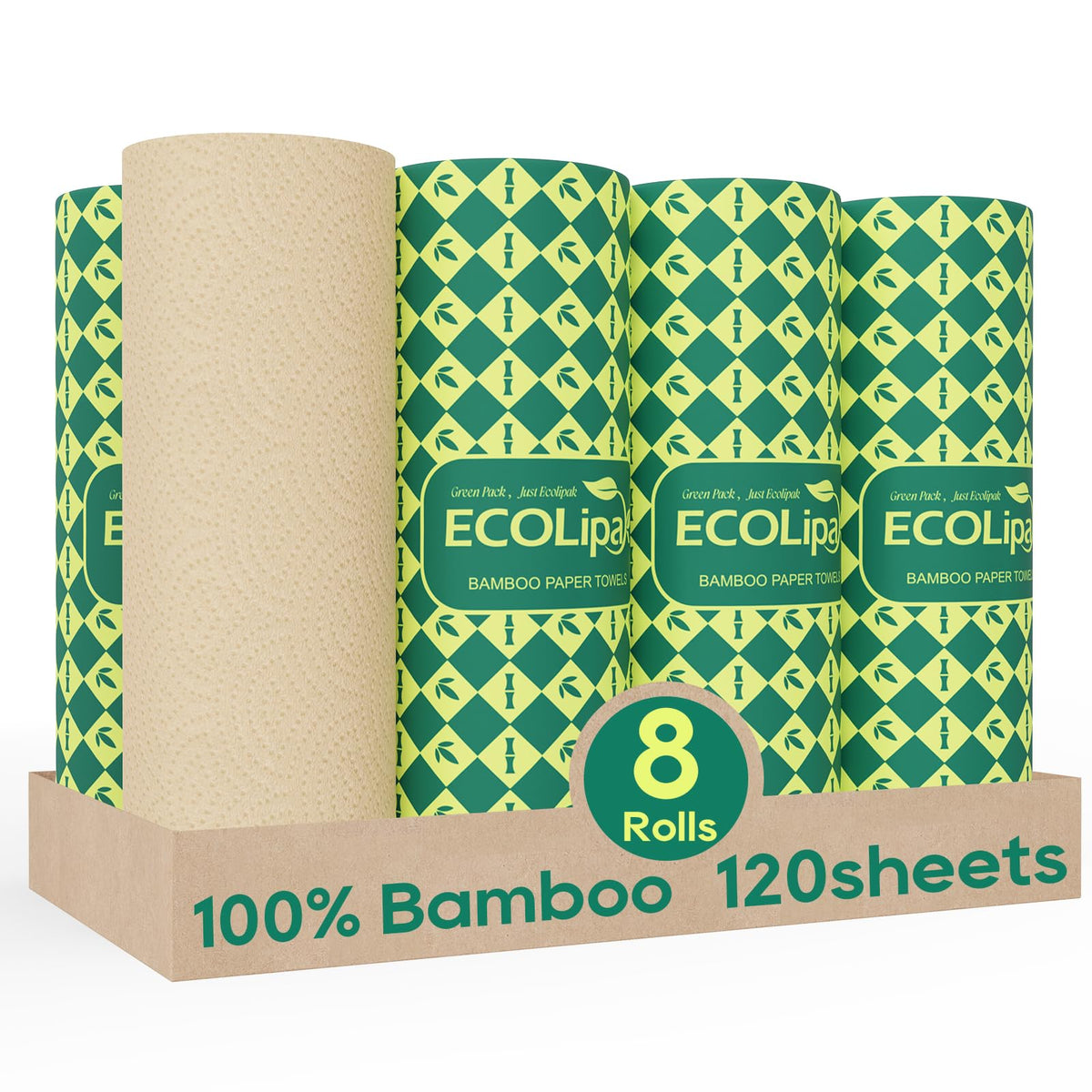 ECOlipak Bamboo Paper Towels - 8 Rolls, 2 Ply 120 Sheets- Plastic Free, Tree Free, Compostable, Disposable Kitchen Paper Towels, Soft and Absorbent, PFAS Free, White