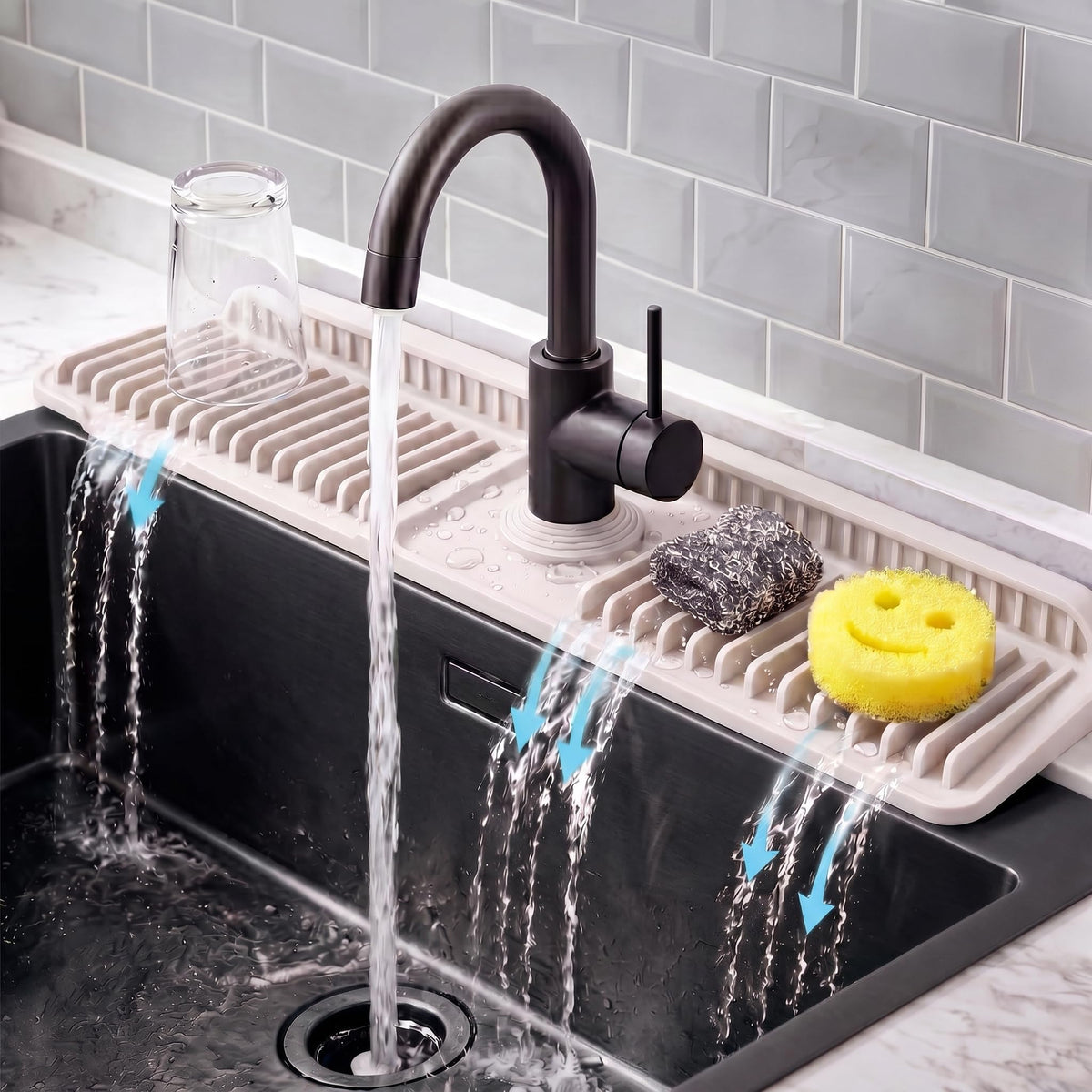 No More Wet Counters - Kitchen Sink Faucet Mat, 24” Silicone, Black