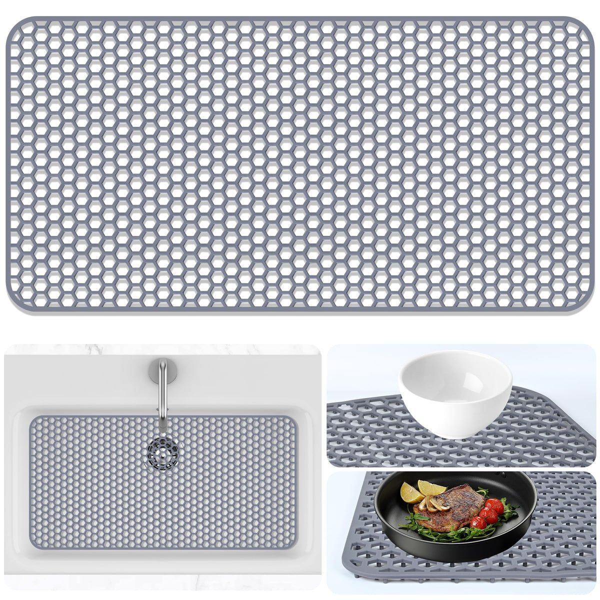 Sink Protectors Mat - 25.79"x13.98" Kitchen Sink Pad for Bottom of Basin for Protection of Stainless Steel and Tableware, Farmhouse Rubber Basin Mat Protector with Center Drain - Light Gray