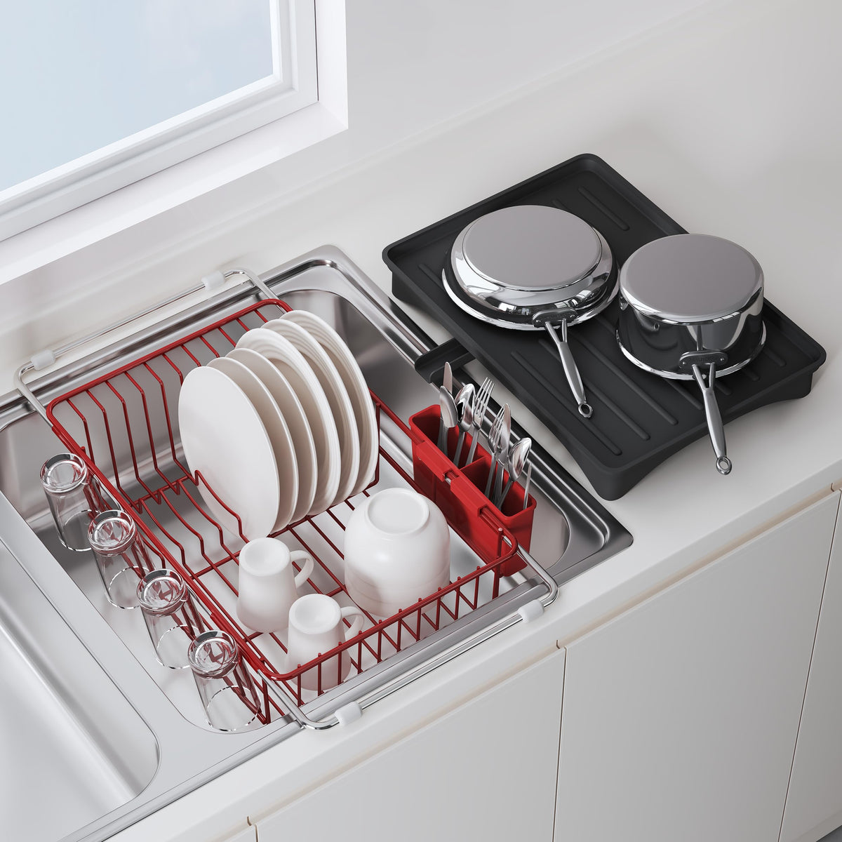 JASIWAY Dish Drying Rack in Sink, Dish Drainer with Cup and Utensil Holder