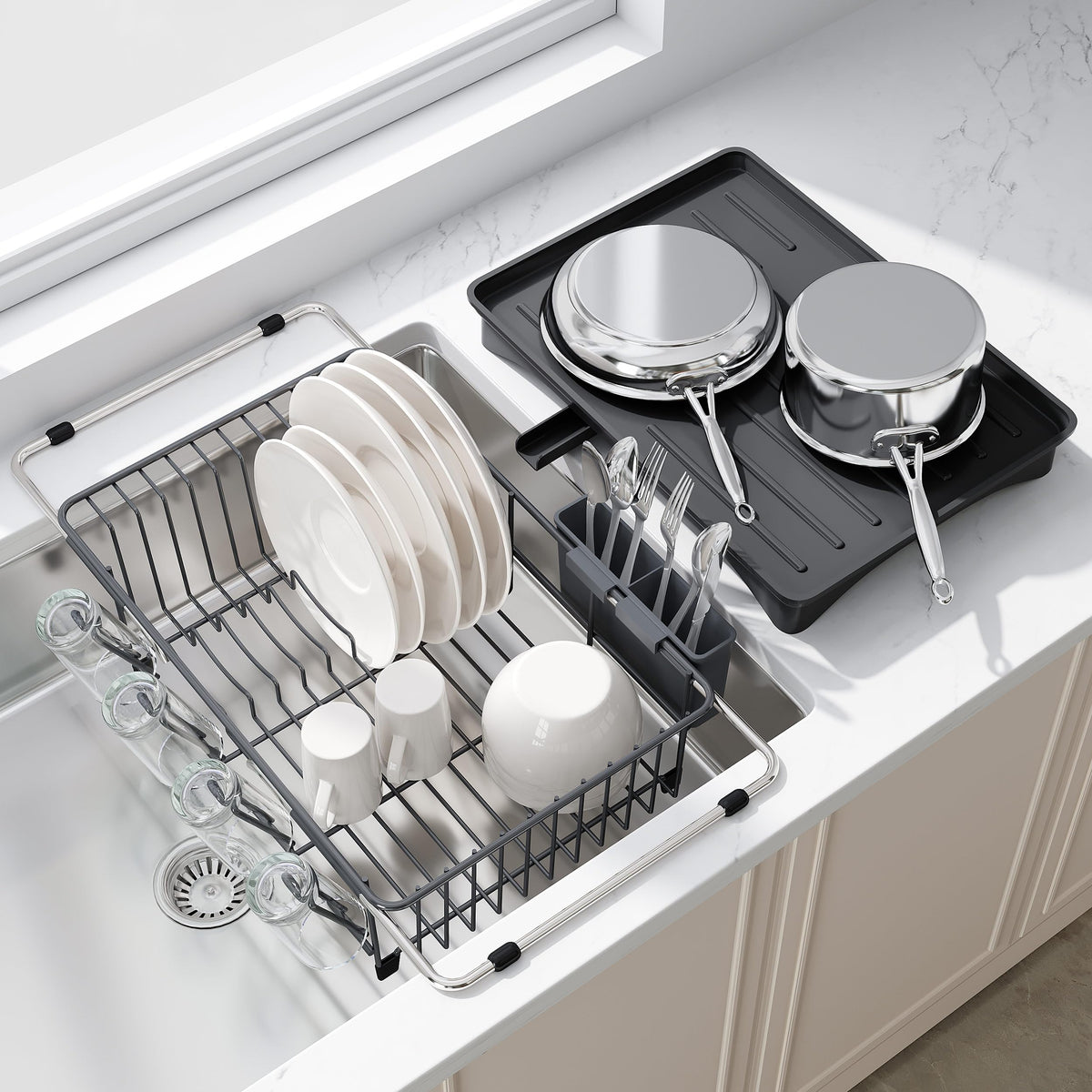 JASIWAY Dish Drying Rack in Sink, Dish Drainer with Cup and Utensil Holder