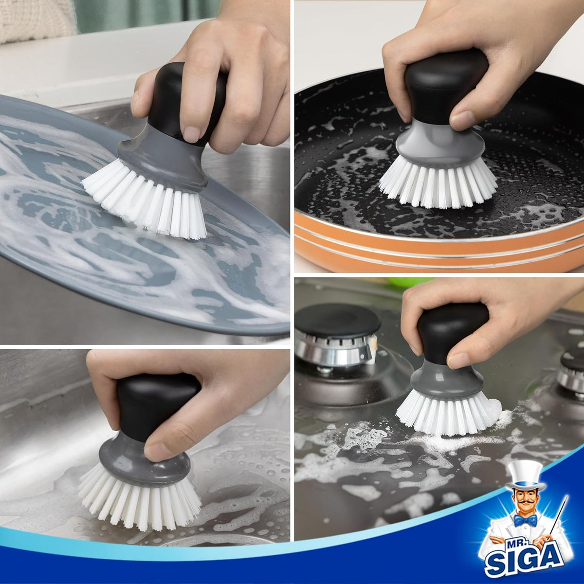 MR.SIGA Dish Scrub Brush, Palm Brush Dish Scrubber, Gray, Pack of 2