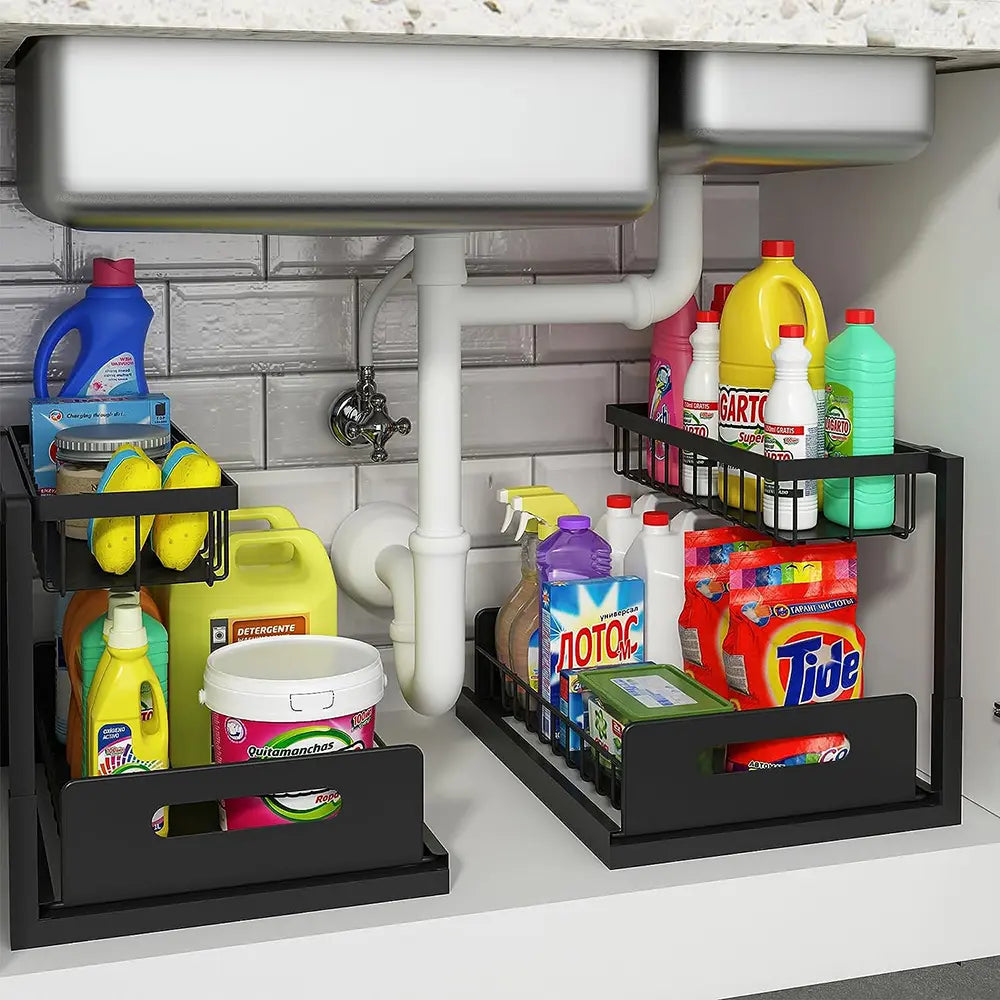 Under Sink Organizer 2 Tier Pull Out CabinetOrganizer Slide Out Sink Shelf & Cabinet Organizerfor Kitchen Bathroom Cabinet Installation OrganizingSystem