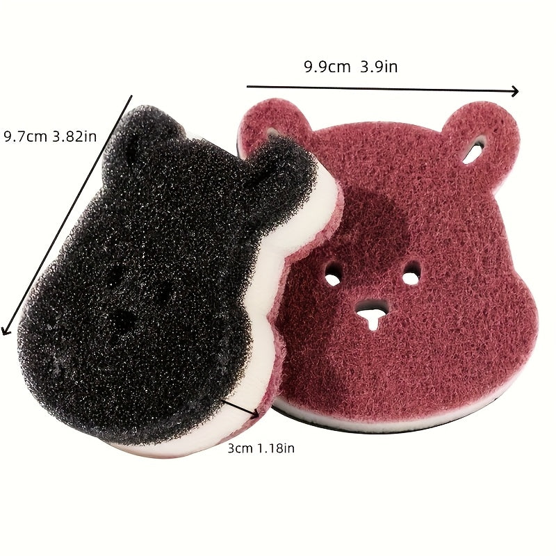 2/4pcs Cute Bear Dishwashing Sponges, Thickened Pot Scrubbers, Stain-Removing Kitchen Scouring Pads, Dishwashing and Pot Cleaning Magic Tools