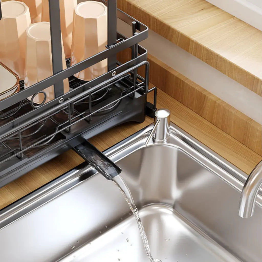 Home Supplies 2-Tier Expandable Over-Sink Dish Drying Rack - Carbon Steel Counter Space-Saver with Collapsible Storage, Drainboard, Reversible Pull-Out Adjustable Racks, 360° Drainage System, 40 cm Size, Easy Installation, Keeps Counters Clean