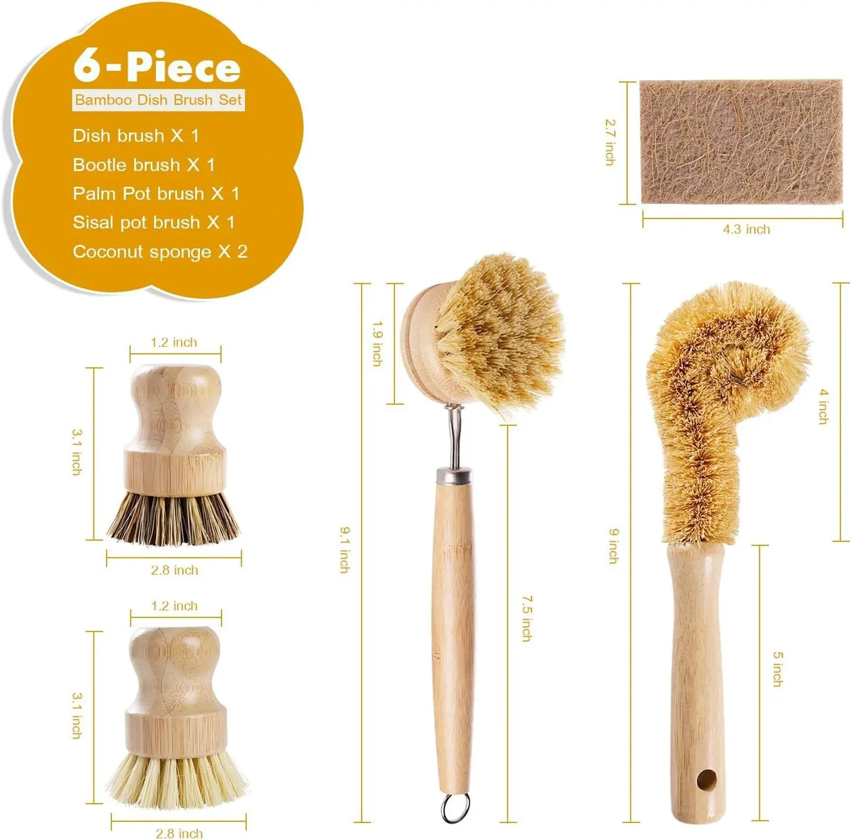 6PCS Bamboo Dish Brush Set with Coconut Sponge - Wooden Dish Brush with Sisal and Palm Fiber, Natural Bamboo Dish Scrub Brush for Kitchen Cleaning Dishes, Pots, Pans, Bottles, Vegetables