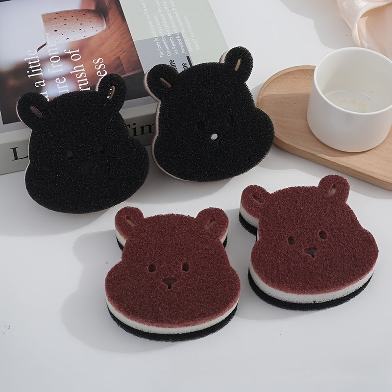 2/4pcs Cute Bear Dishwashing Sponges, Thickened Pot Scrubbers, Stain-Removing Kitchen Scouring Pads, Dishwashing and Pot Cleaning Magic Tools