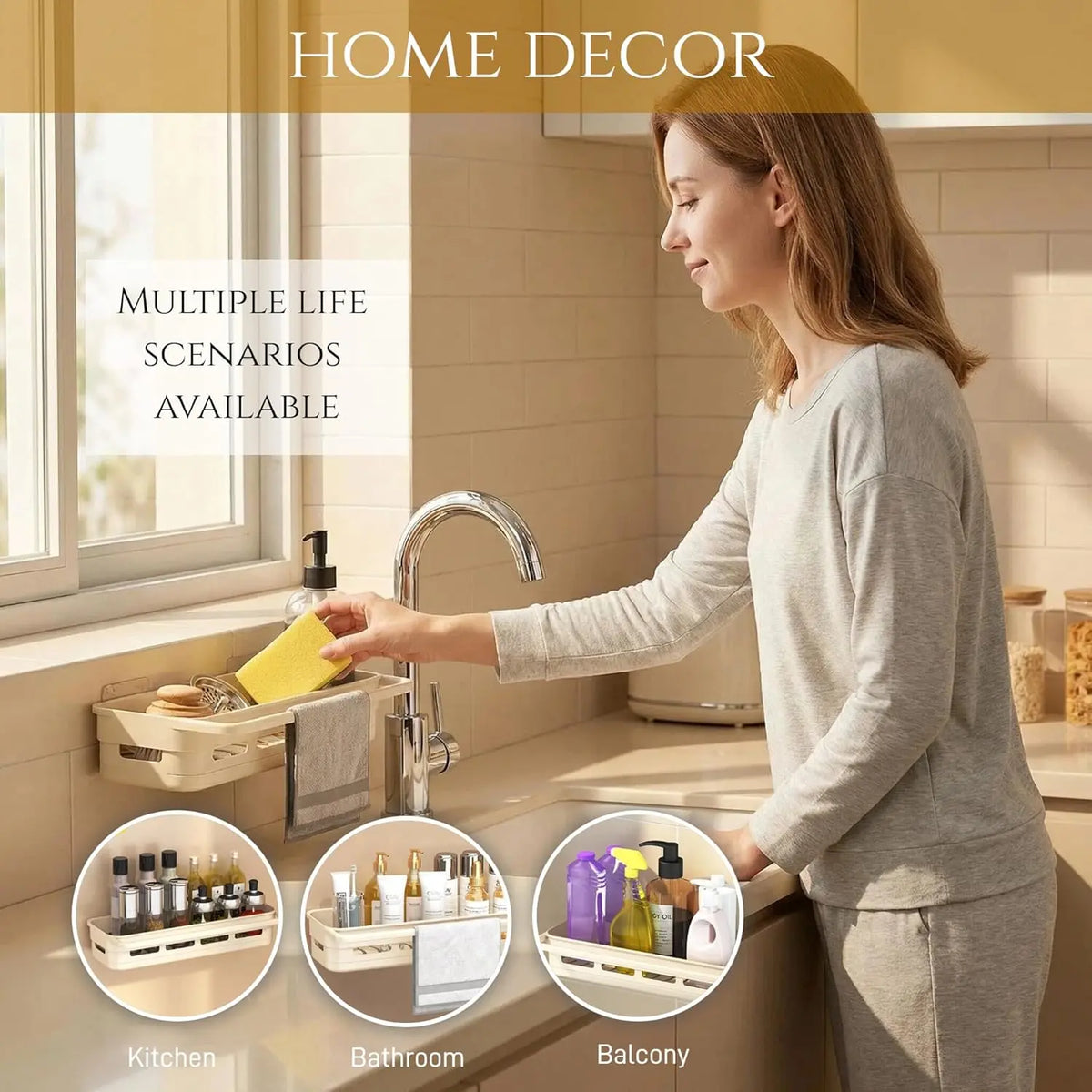 Multifunctional Sink  Sponge Holder, Kitchen Sink Organizer with Self Drain Tray, Shower  for Sponges, Brushes, Stoppers and Scrapers,Ideal  & Kitchen Decor (Black)