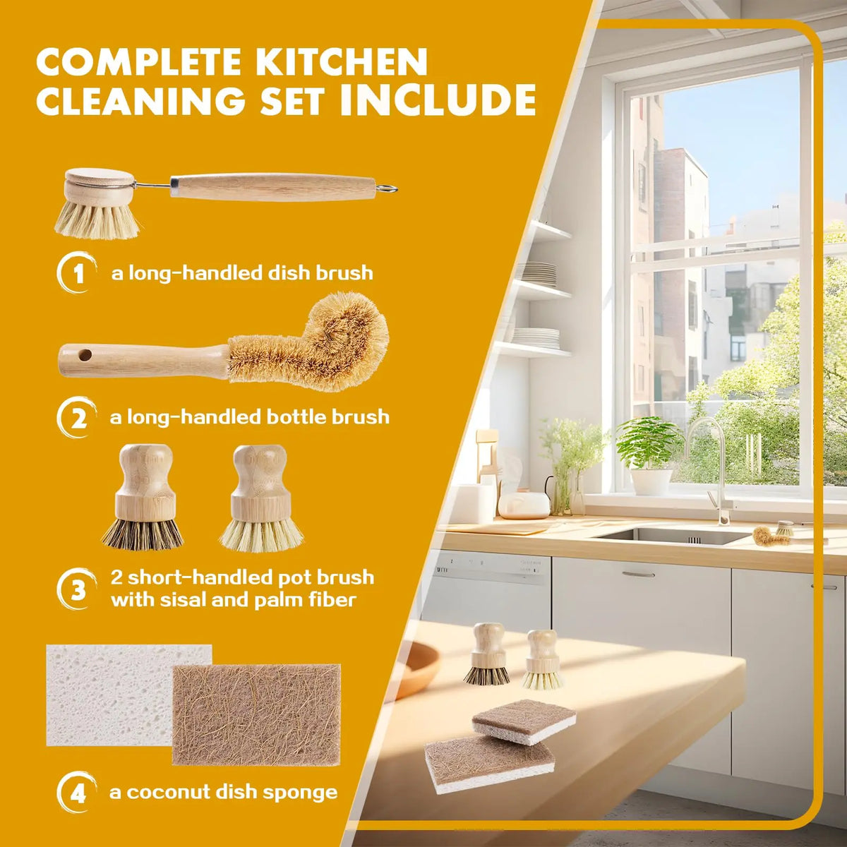 6-Piece Bamboo Kitchen Cleaner Set with Coconut Sponge - Comfortable Long Handles, Natural Wooden Brushes with Sisal-Palm Bristles, Short-Handle Multifunctional Biodegradable Plastic-Free Non-Scratch Kitchen Accessories for Dishes, Pots, Seniors, Bottle‑D