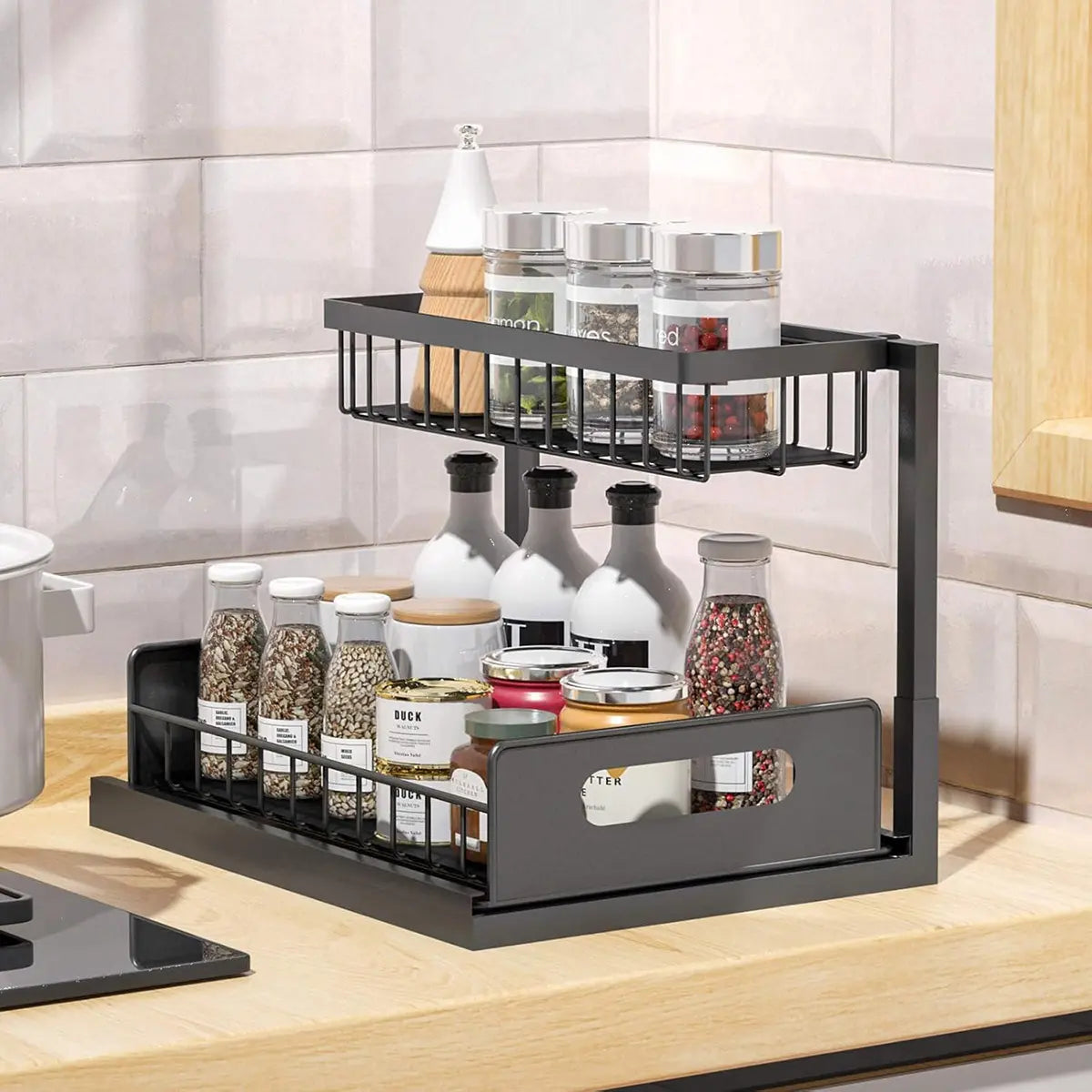 Under Sink Organizer 2 Tier Pull Out CabinetOrganizer Slide Out Sink Shelf & Cabinet Organizerfor Kitchen Bathroom Cabinet Installation OrganizingSystem